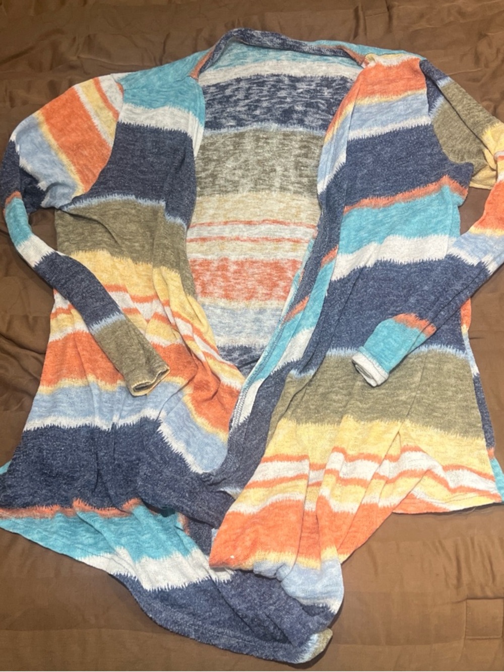 Striped Open Front Cardigan in Blue, Orange, Tan